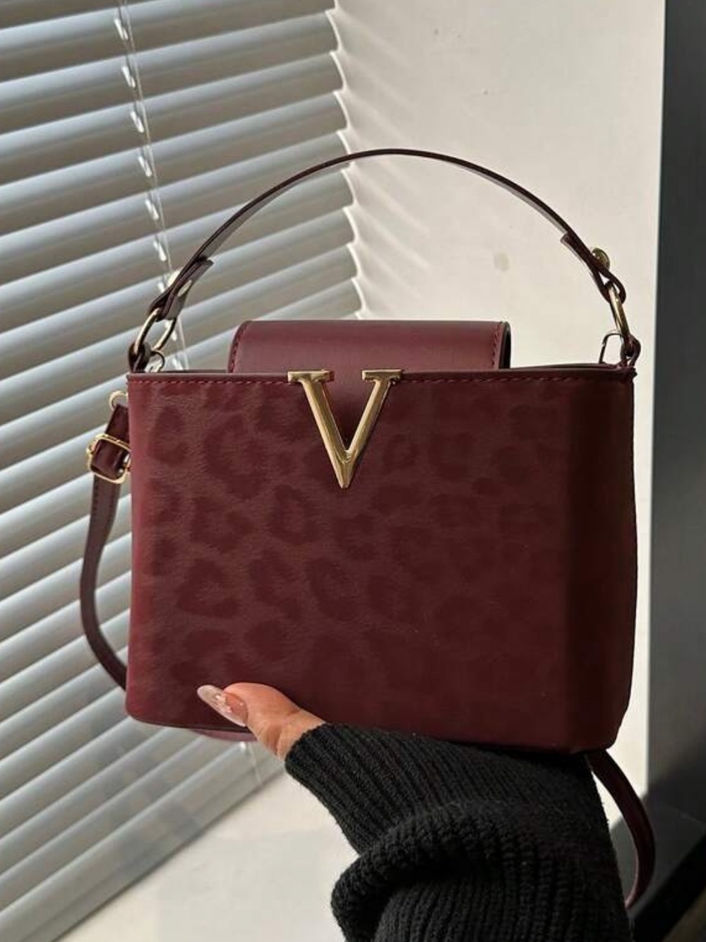 Gold-V Emblem Burgundy Leopard-Texture Satchel